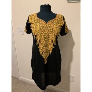 Handmade embroidered black dress yellow orange tribal design size small medium